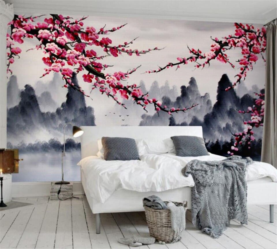 Papier peint panoramique montagne chinoise et fleurs de cerisier
