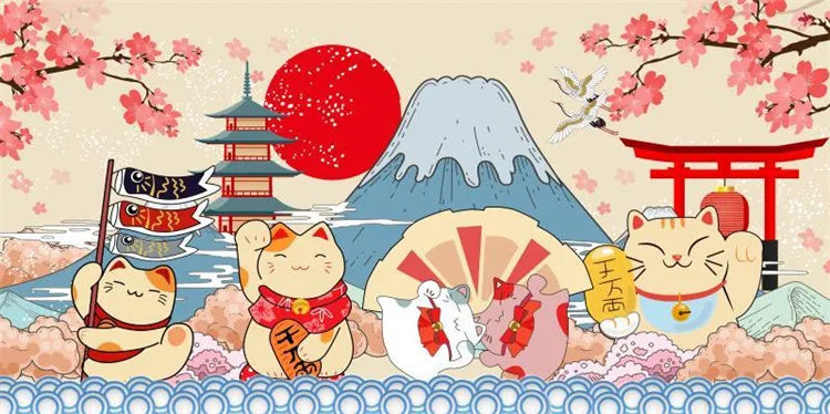 Papier peint japonais chats et montagne