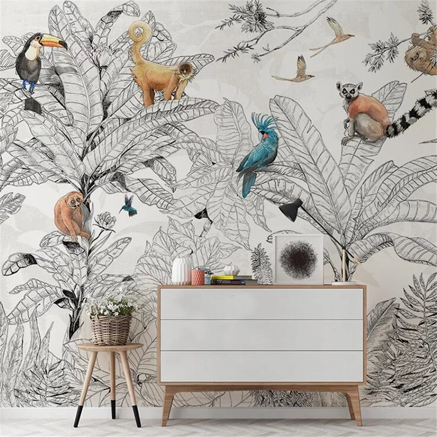 Papier peint forêt tropicale noir et blanc et animaux colorés