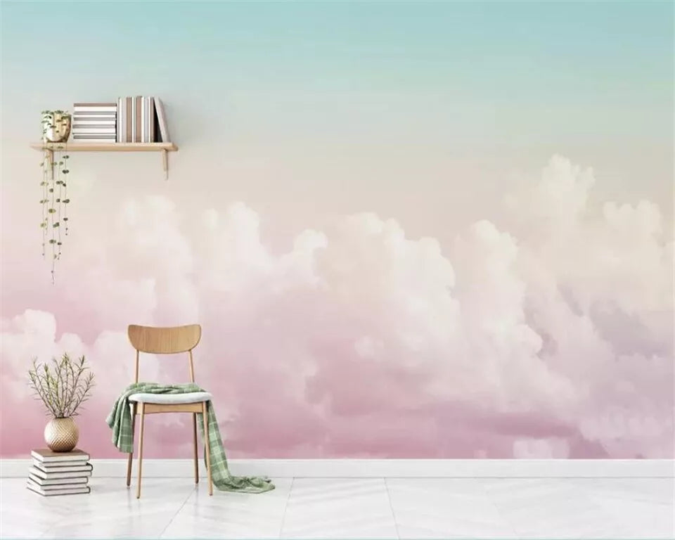 Papier peint panoramique ciel bleu avec des nuages roses