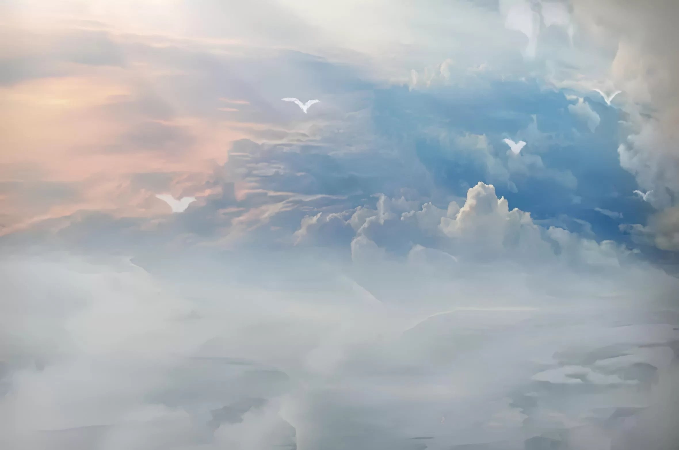 Papier peint paysage ciel bleu, nuages et oiseaux