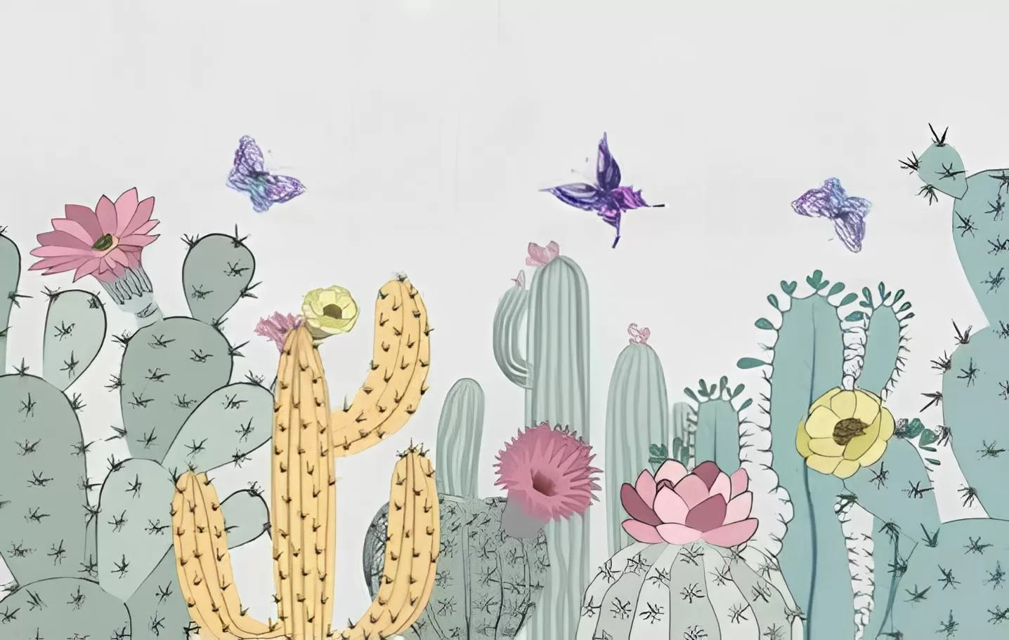 Papier peint enfant pastel cactus et papillons