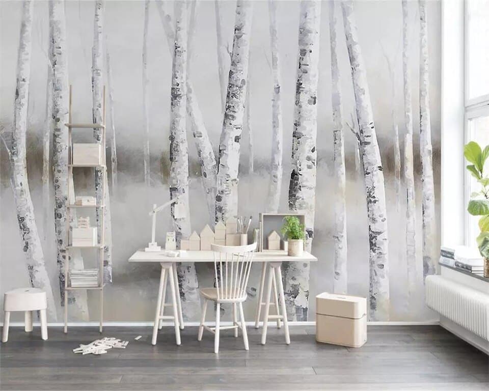Papier peint forêt de bouleaux blanc