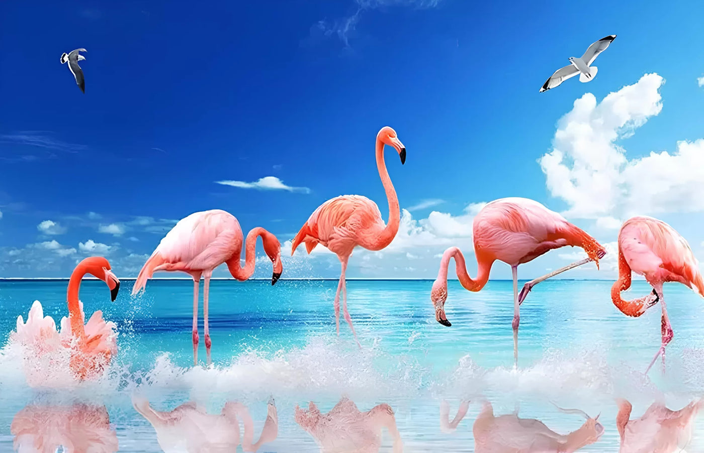 Papier‎ peint‎ panoramique‎ flamants‎ roses‎ dans‎ l'eau