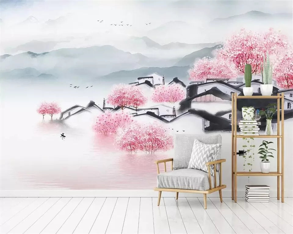 Papier peint japonais cabanes de pêcheurs et cerisiers en fleurs