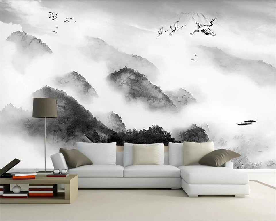 Papier peint panoramique noir et blanc montagnes et brume