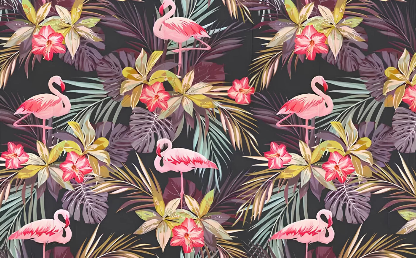 Papier‎ peint‎ fleurs‎ tropicales‎ et‎ flamants‎ roses