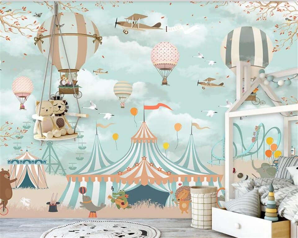 Papier peint enfant chapiteaux, montgolfières et avions