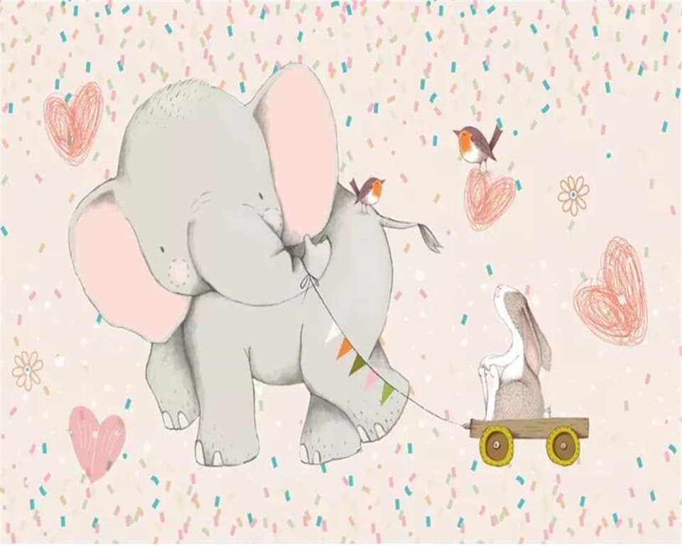 Papier peint enfant éléphant et lapin