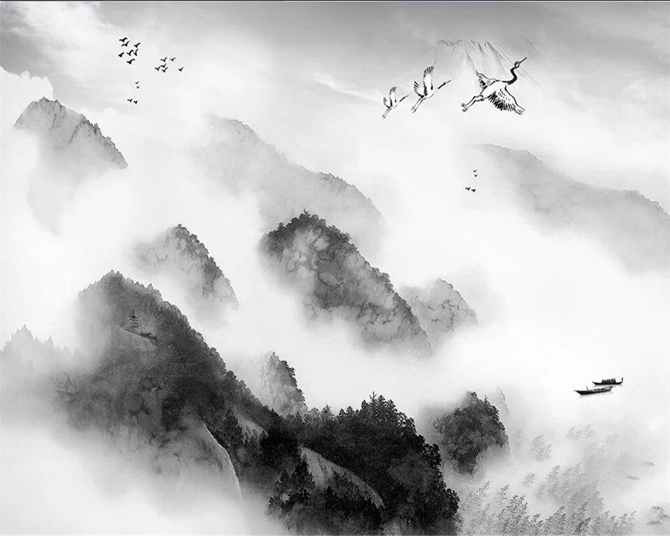 Papier peint panoramique noir et blanc montagnes et brume