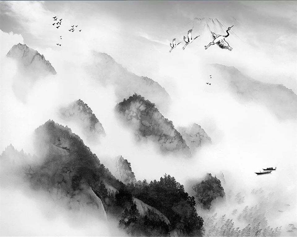 Papier‎ peint‎ panoramique‎ noir‎ et‎ blanc‎ montagnes‎ et‎ brume