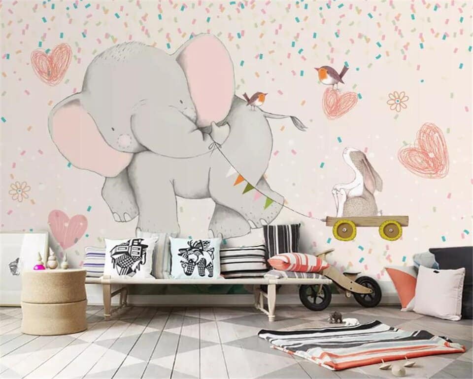 Papier peint enfant éléphant et lapin