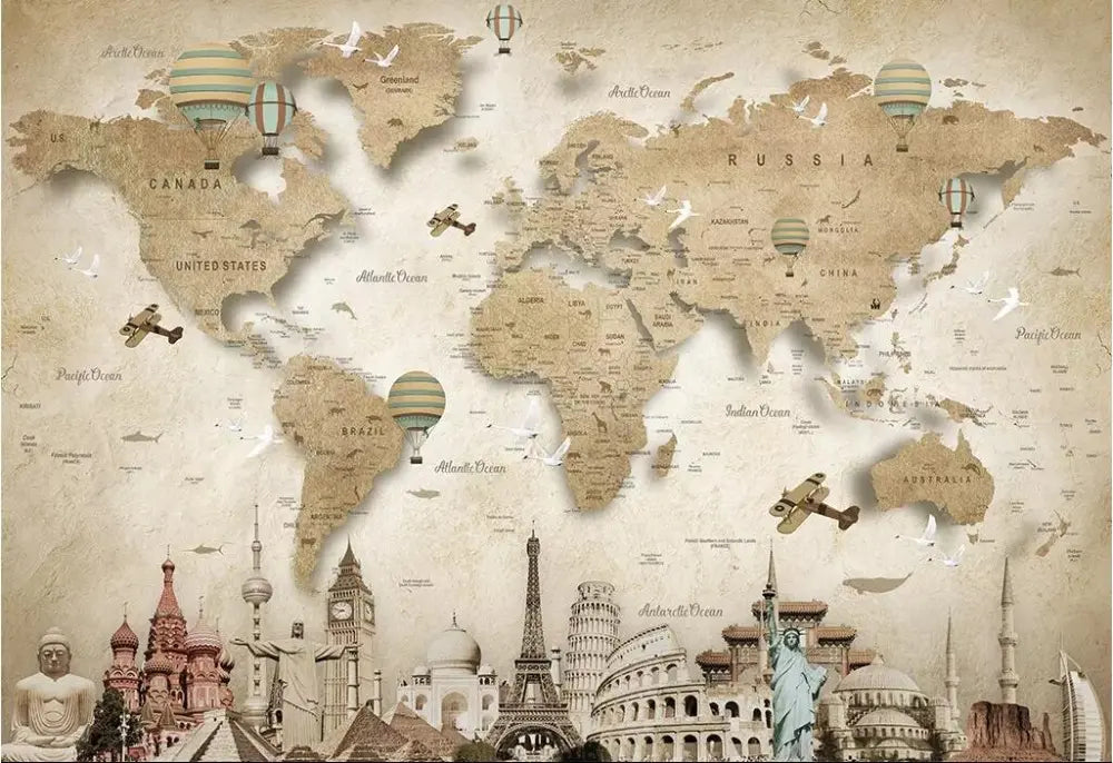 Papier peint carte du monde et monuments