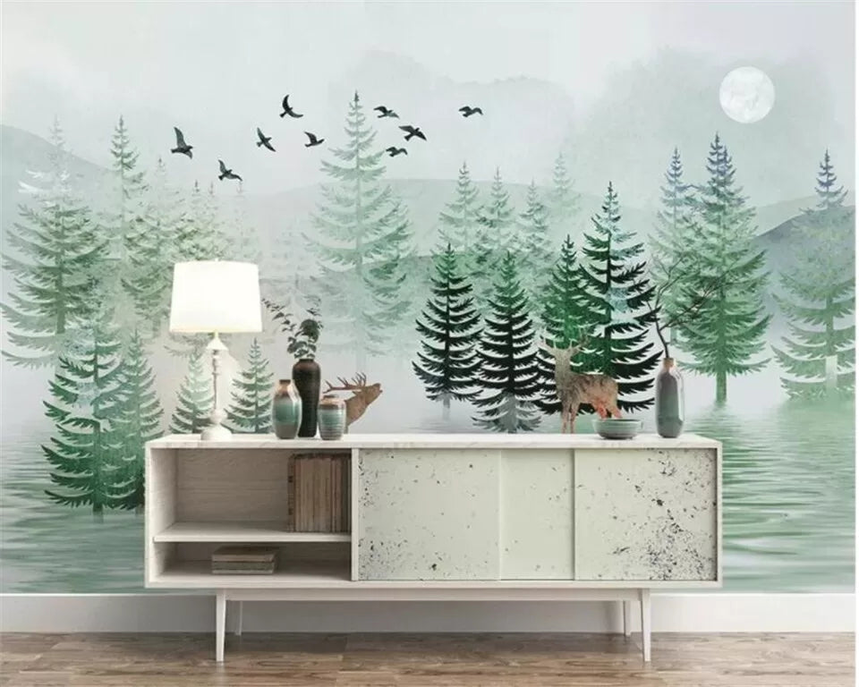 Papier peint enfant paysage forêt de sapin et cerfs