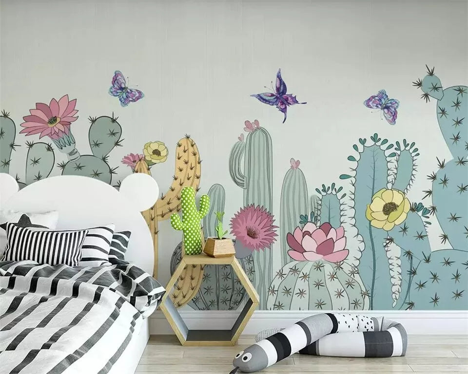 Papier peint enfant pastel cactus et papillons