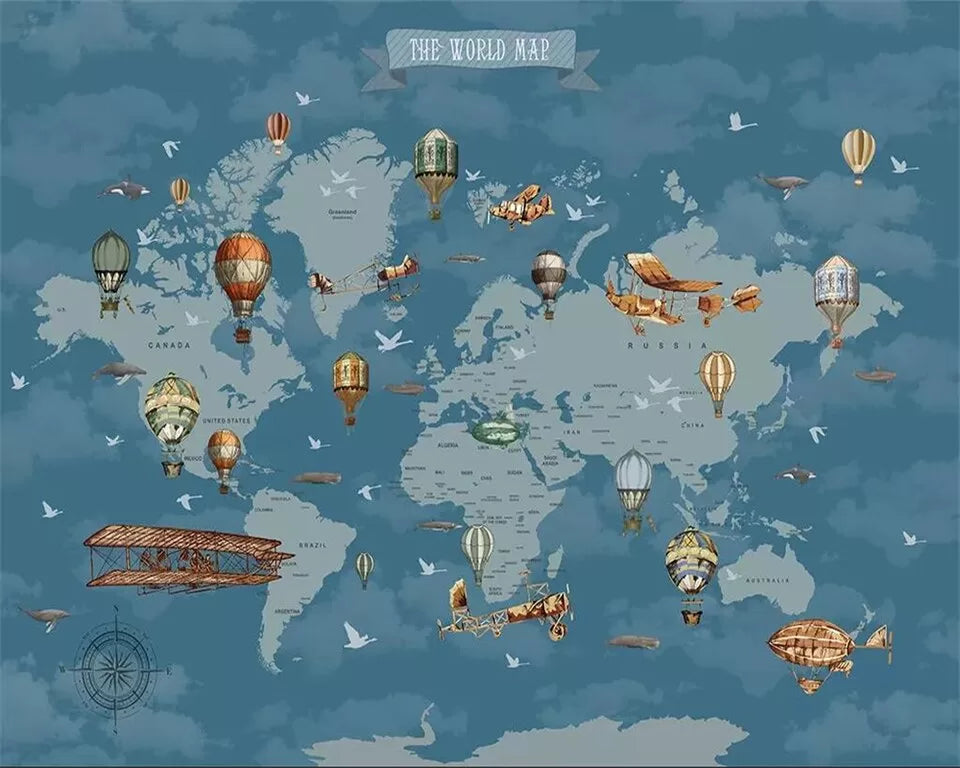 Papier peint enfant carte du monde avions et montgolfières
