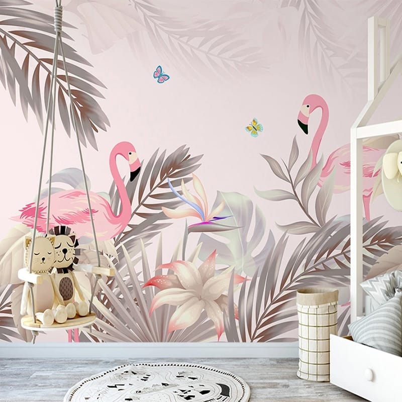 Papier peint plantes tropicales et flamants rose