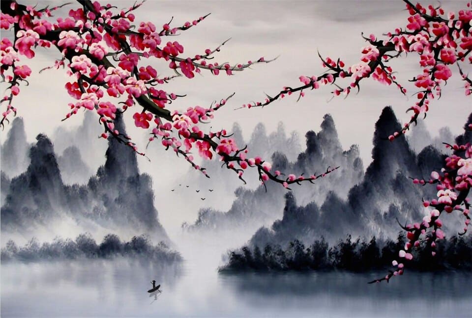 Papier peint panoramique montagne chinoise et fleurs de cerisier