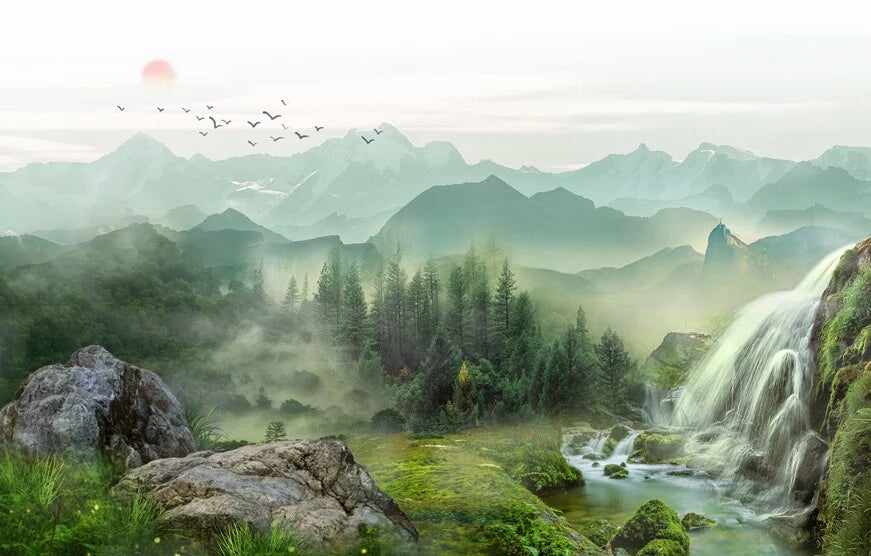 Papier peint forêt et montagnes brumeuses