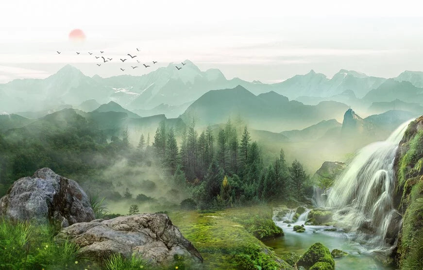 Papier peint japonais forêt et montagnes