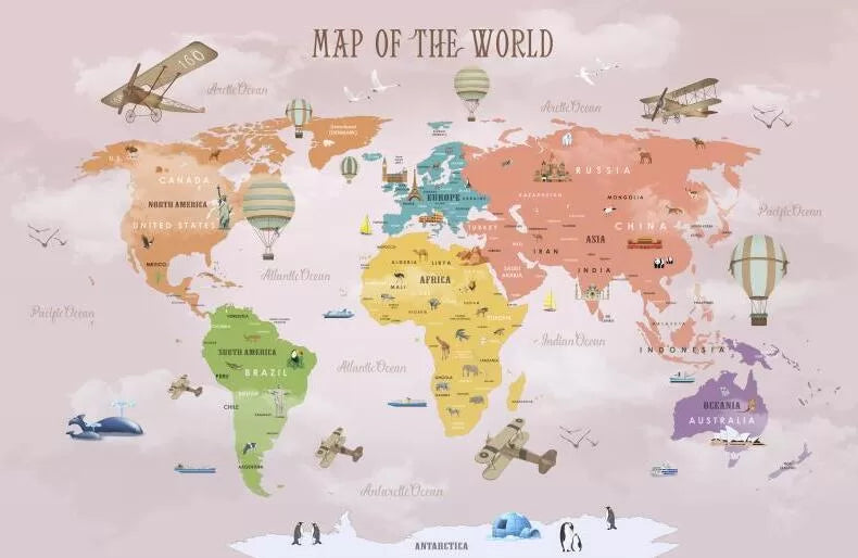 Papier‎ peint‎ enfant‎ carte‎ du‎ monde‎ fond‎ rose