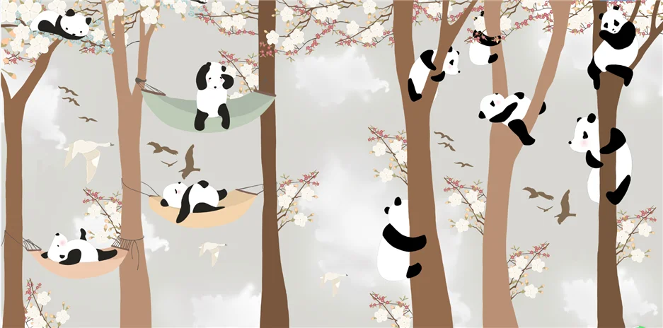 Papier peint enfant pandas dans les arbres