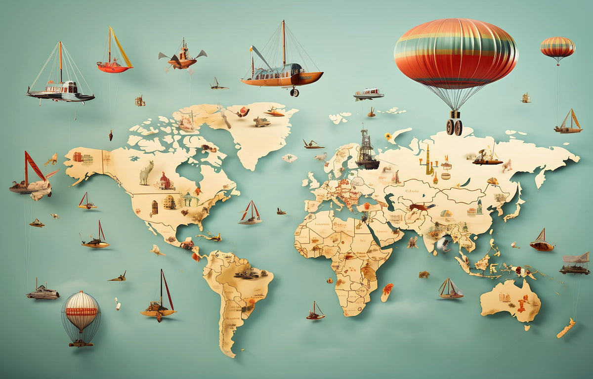Papier peint enfant carte du monde et bateaux volants
