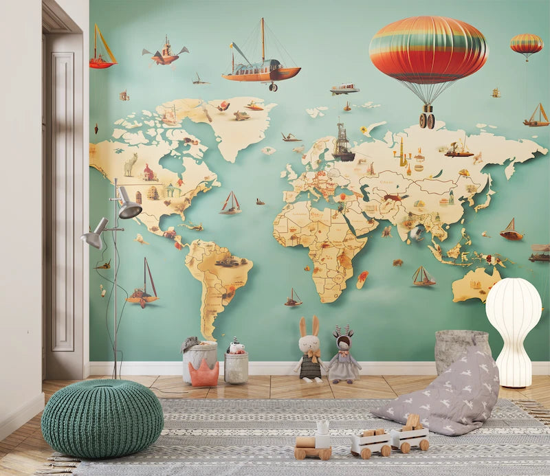 Papier peint enfant carte du monde et bateaux volants