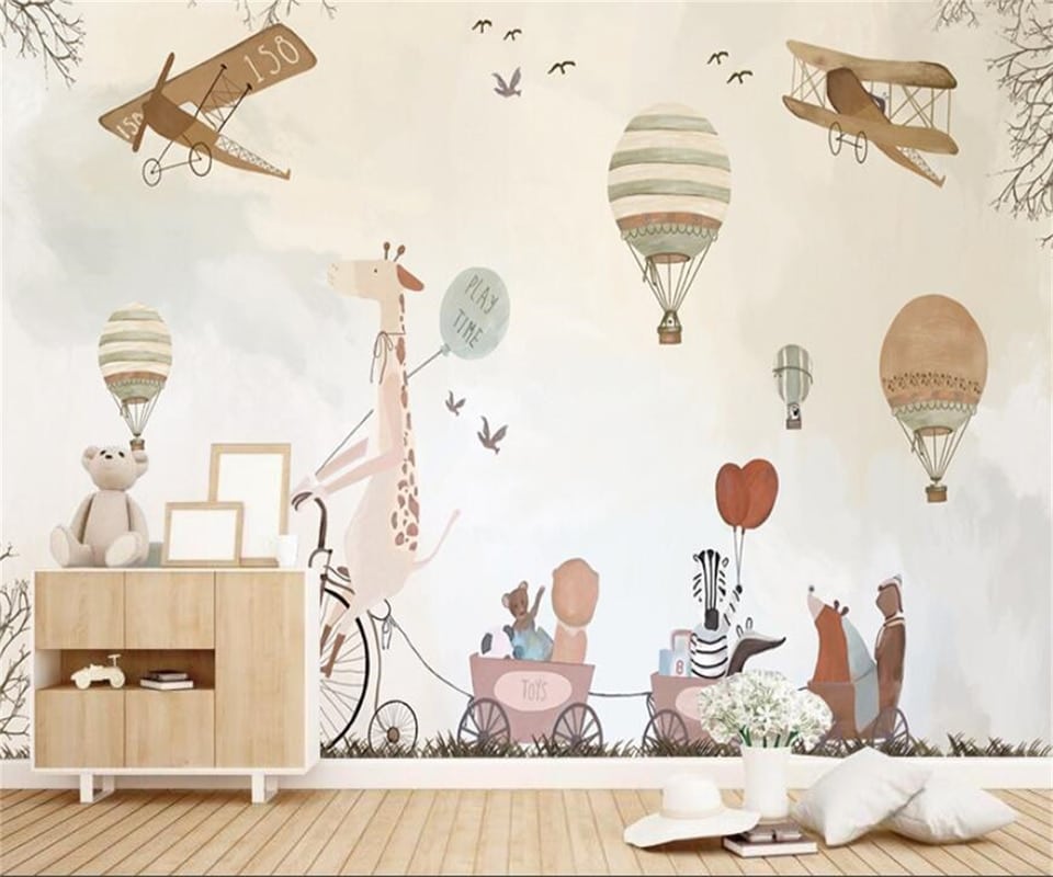 Papier peint enfant animaux, montgolfières et avions