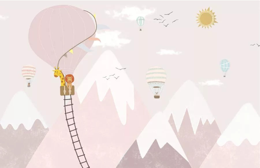 Papier‎ peint‎ enfant‎ montgolfières‎ et‎ montagnes‎ roses