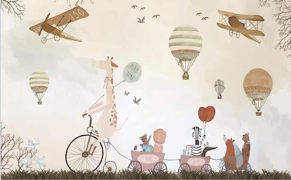 Papier peint enfant animaux, montgolfières et avions