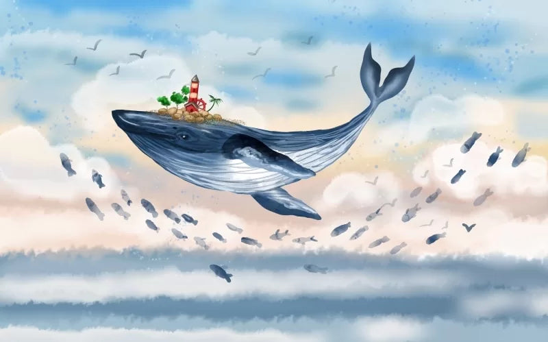 Papier peint enfant baleine et poissons volants