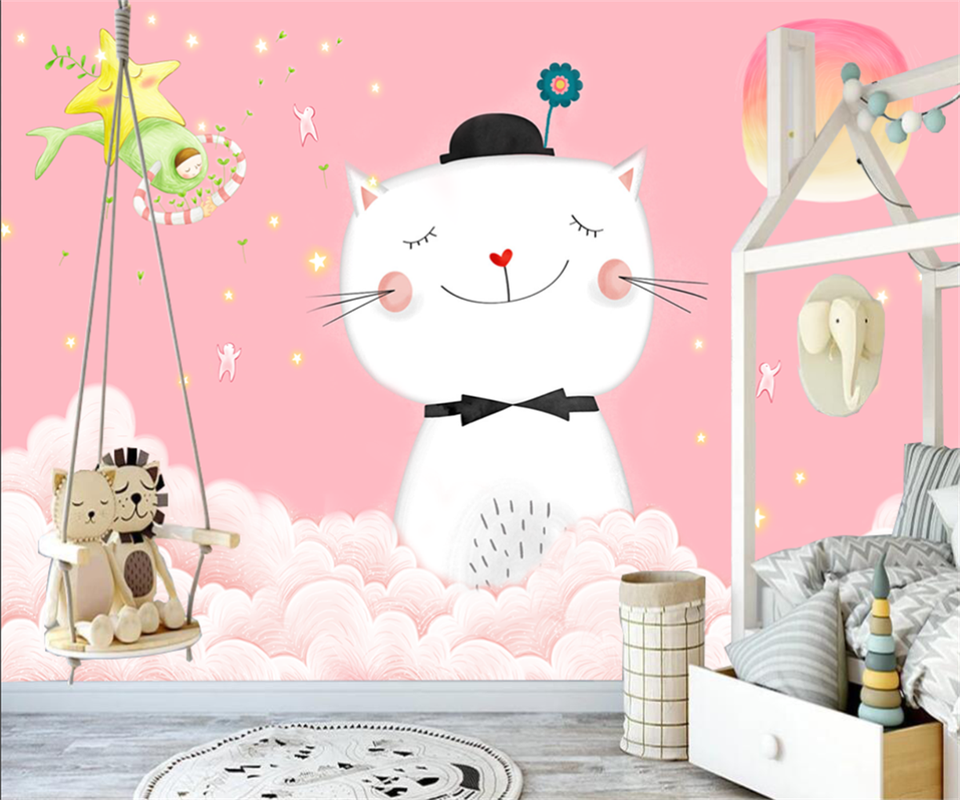 Papier peint enfant chat dans les nuages