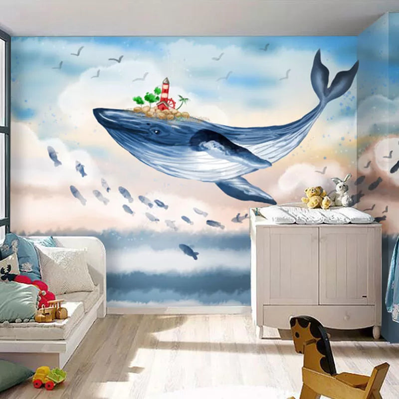 Papier peint enfant baleine et poissons volants