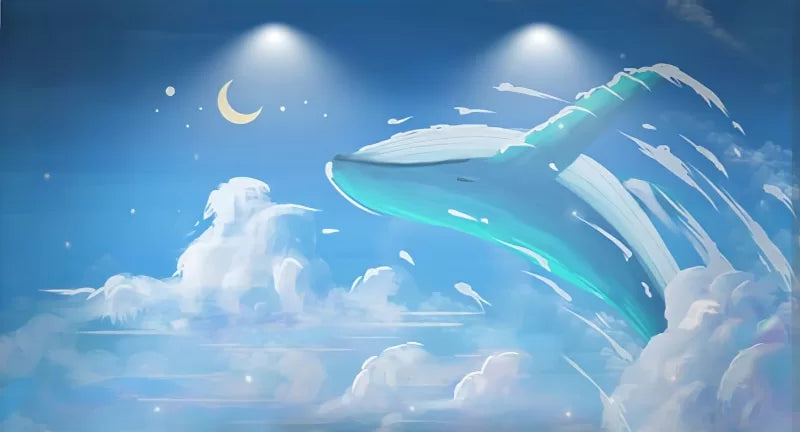 Papier peint enfant baleine bleue dans les nuages la nuit