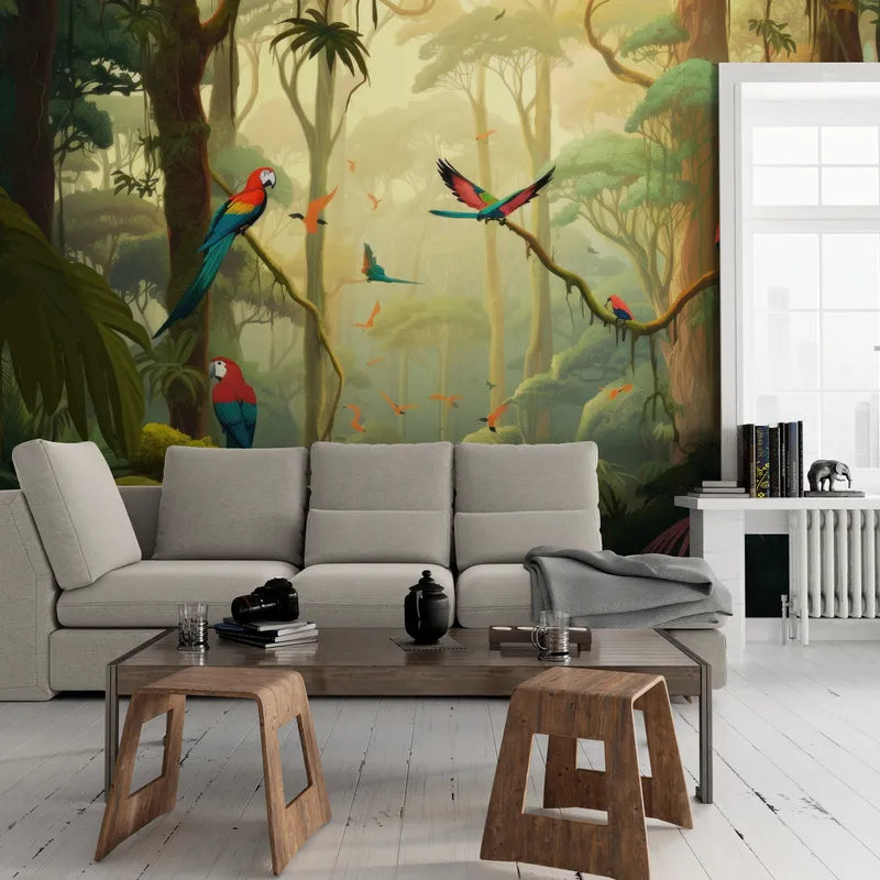 Papier peint forêt tropicale et oiseaux
