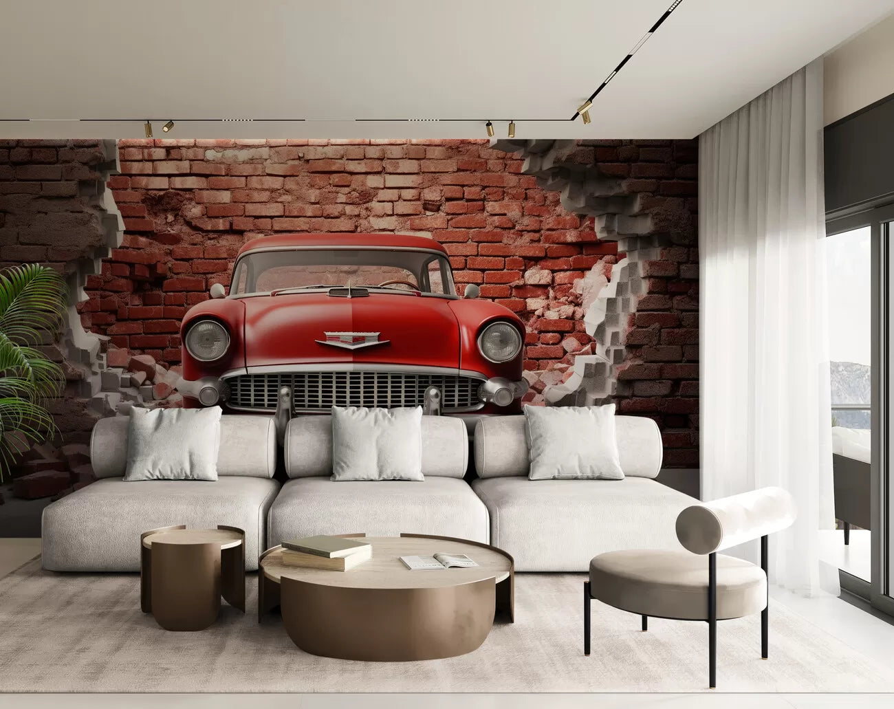 Papier peint mur de briques et voiture vintage