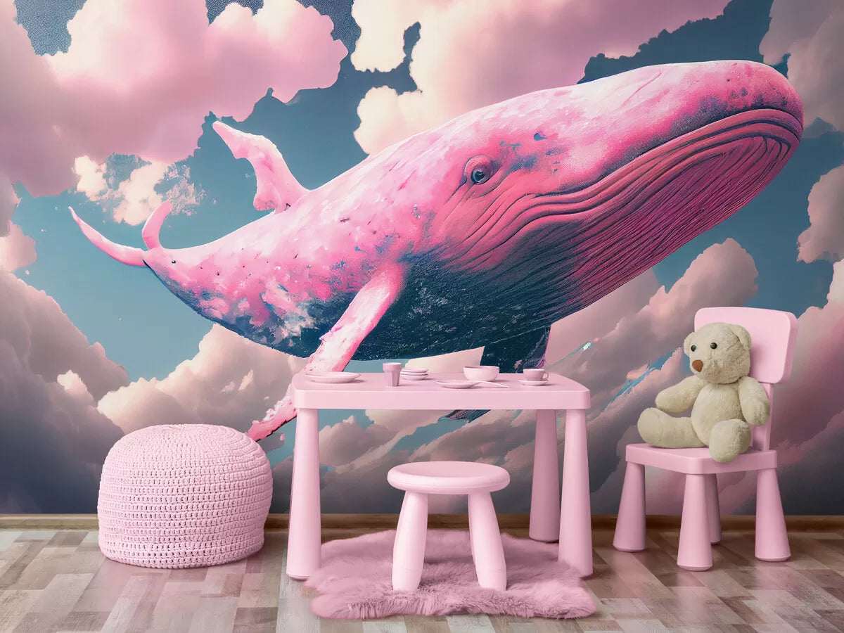 Papier peint enfant nuages roses et baleine