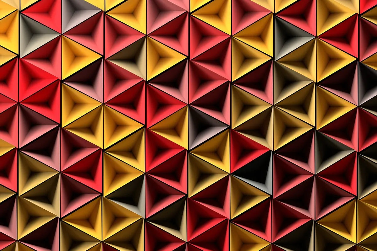 Papier‎‎ peint‎‎ 3D‎‎ triangles‎‎ rouge‎‎ jaune‎‎ et‎‎ gris