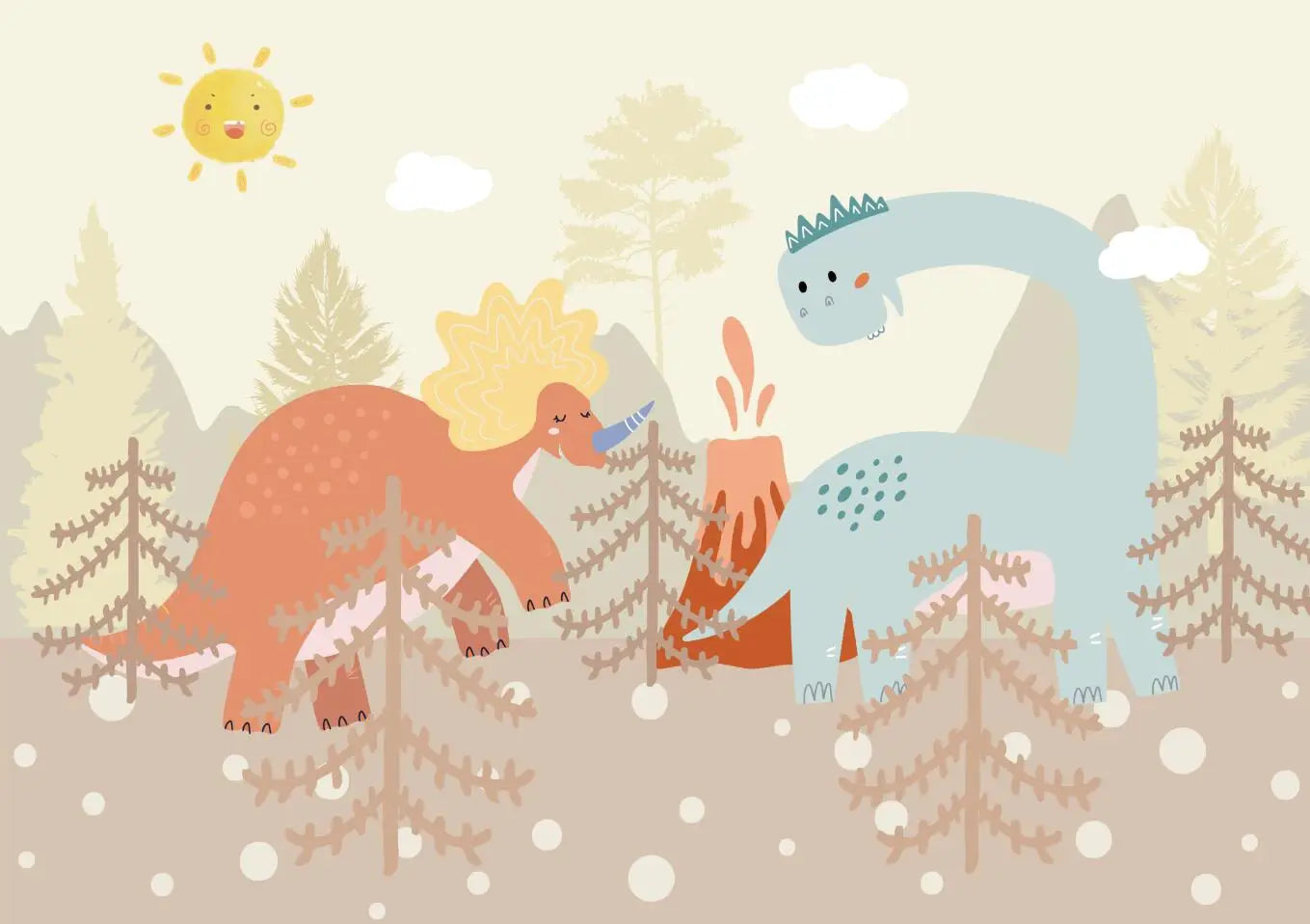 Papier peint enfant volcan et dinosaures