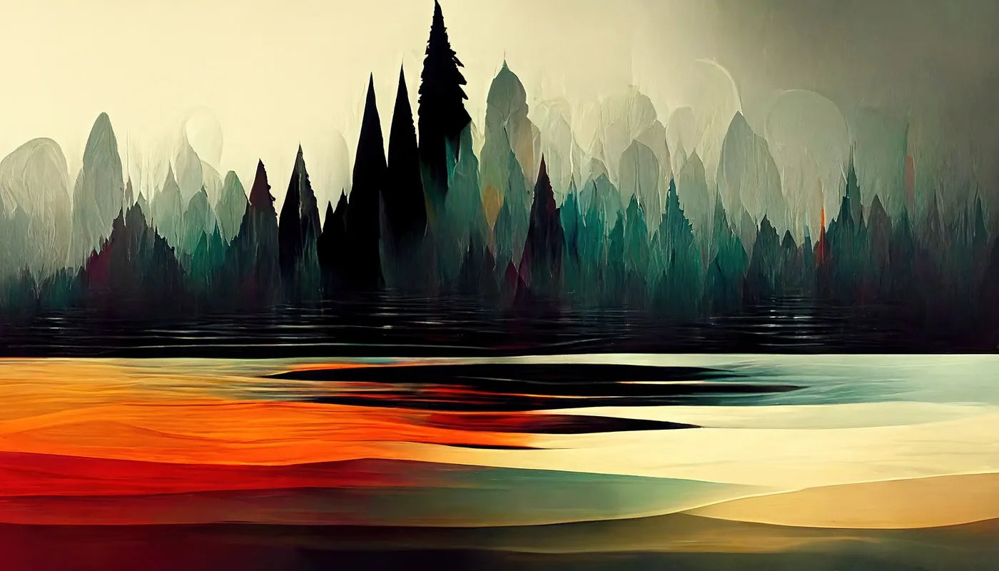 Papier peint abstrait forêt et lac