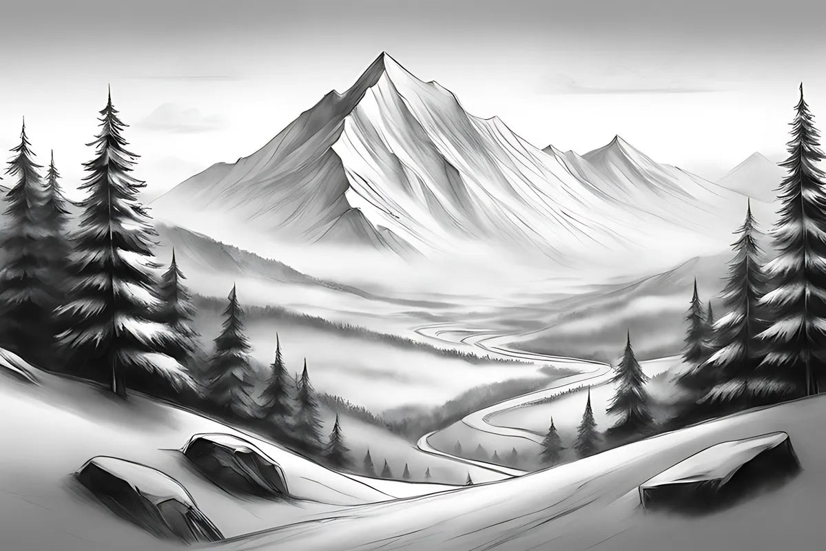 Papier peint noir et blanc vallée montagneuse