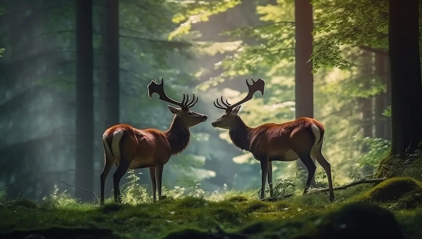 Papier peint panoramique forêt et cerfs