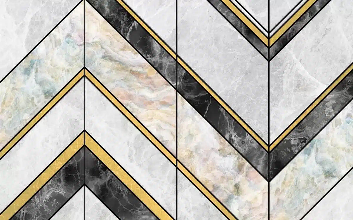 Papier‎ peint‎ marbre‎ gris‎ et‎ lignes‎ noires‎ et‎ dorées