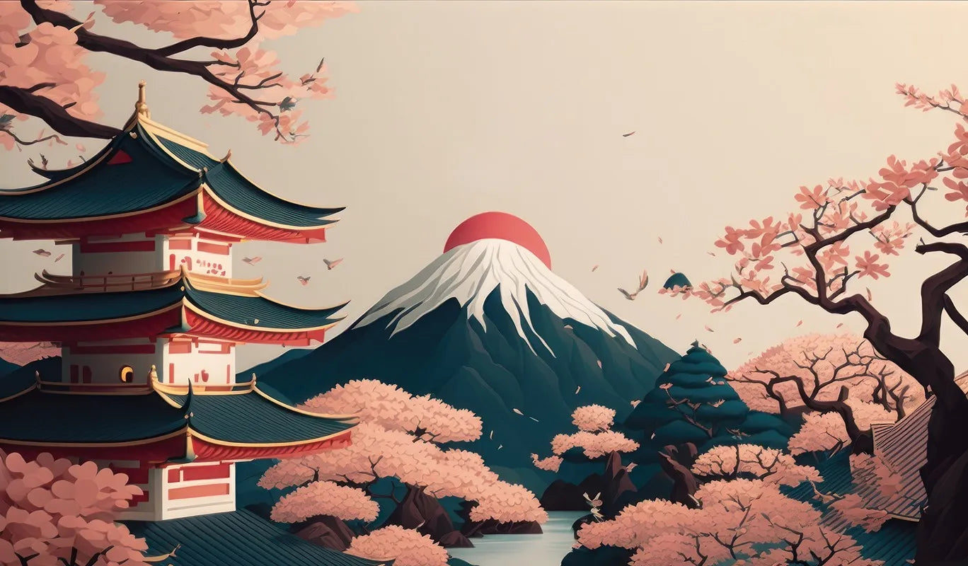 Papier peint japonais temple et montagne