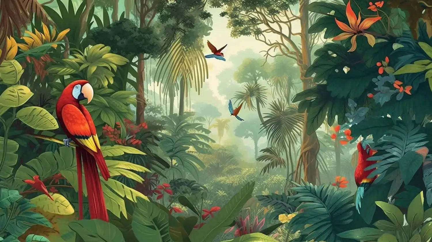 Papier peint jungle et oiseaux tropicaux