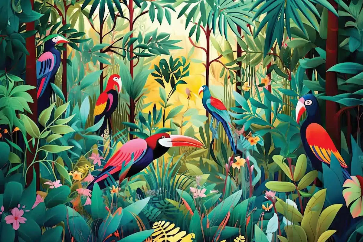Papier peint jungle verdoyante et oiseaux
