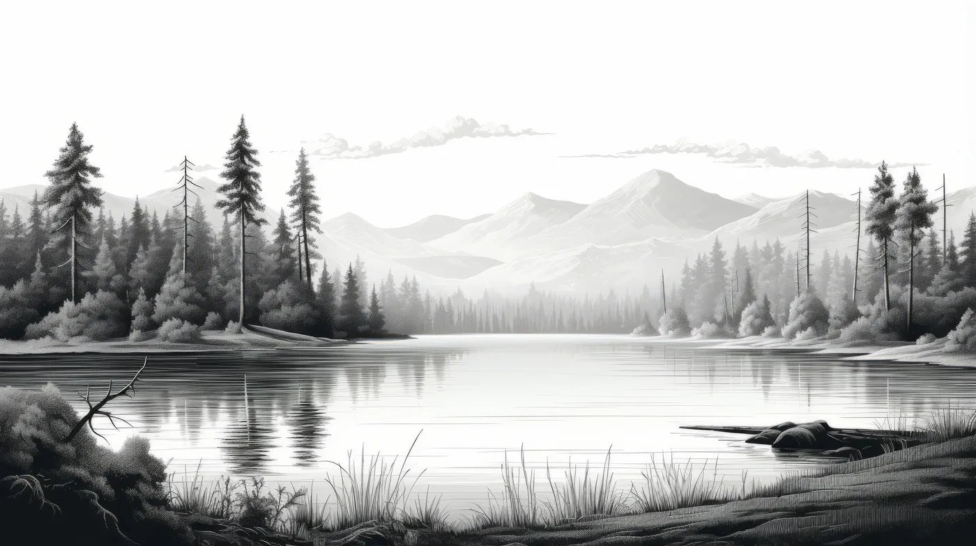 Papier peint paysage lac noir et blanc
