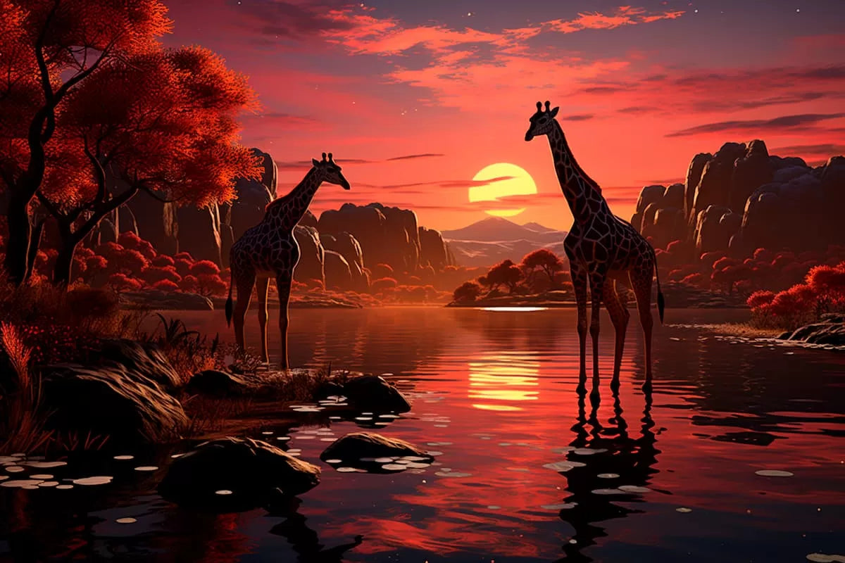 Papier peint girafe coucher de soleil