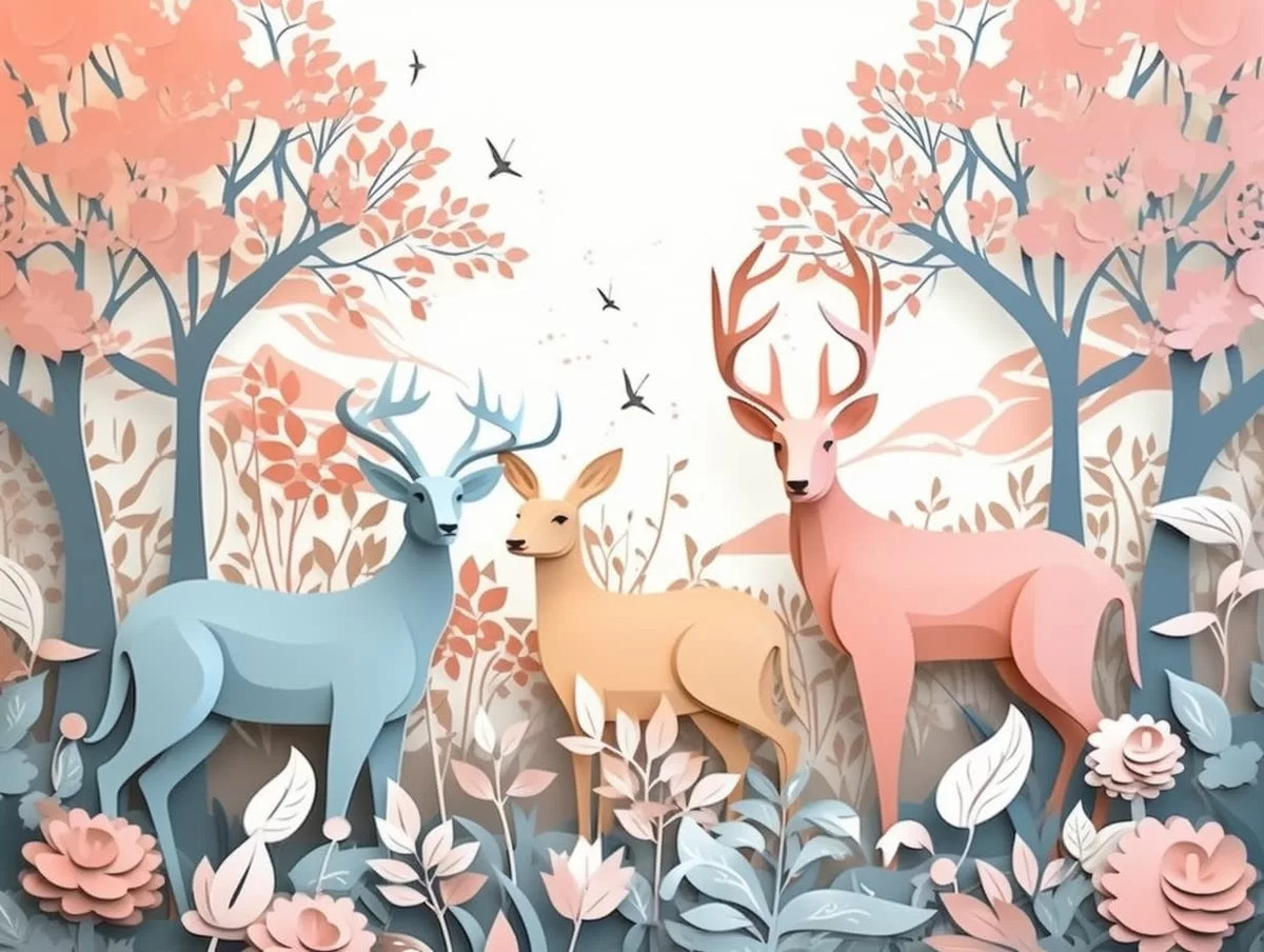 Papier‎ peint‎ enfant‎ floral‎ biche‎ et‎ cerf